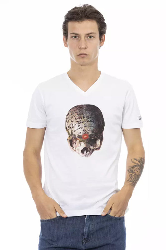 White v neck t-shirt with graphic design on front