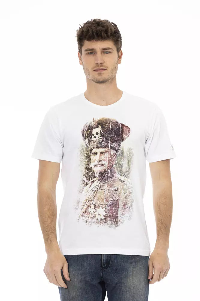 Man wearing white t-shirt with graphic print