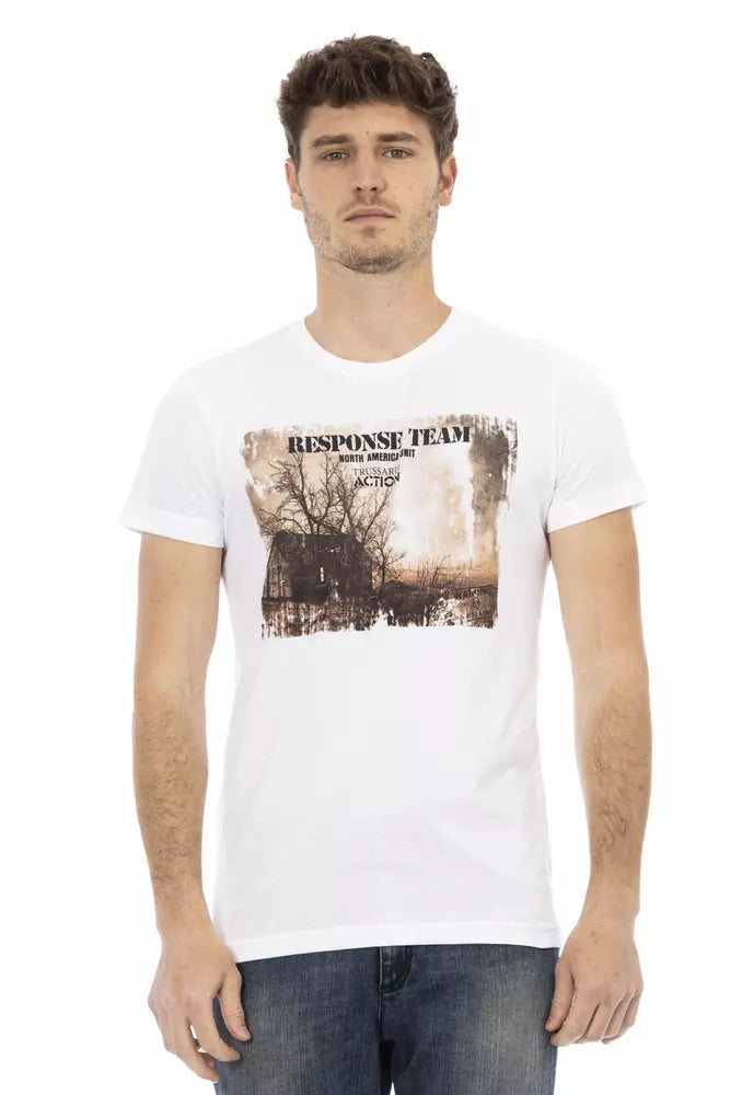 Man wearing white t-shirt with graphic design