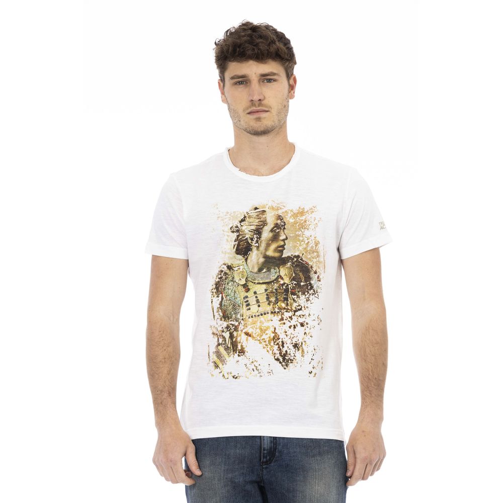 Man wearing white t-shirt with gold design