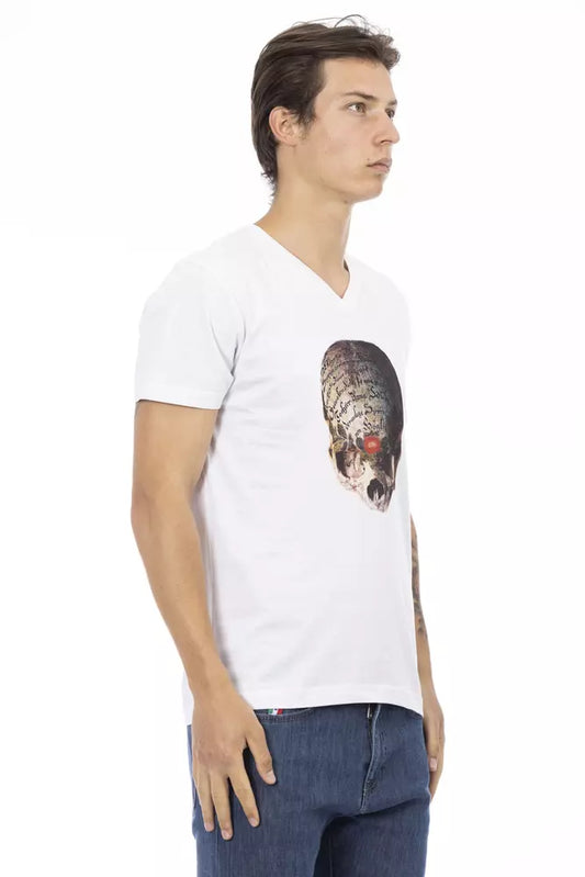Man wearing white t-shirt with graphic design on front