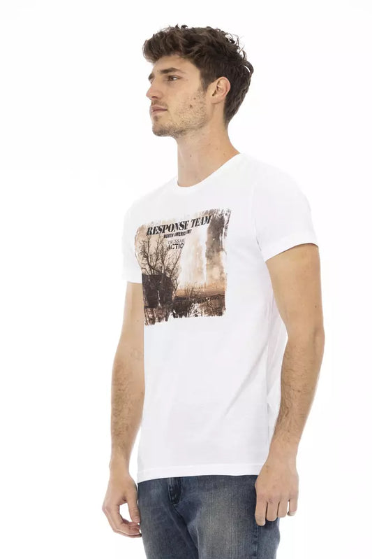 Man wearing white t-shirt with graphic print on front