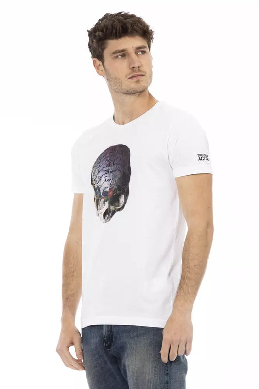 A white cotton men's t-shirt with a graphic print on the front