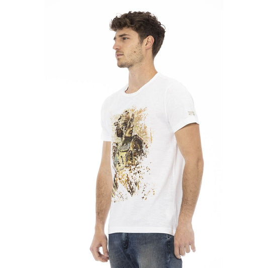 Man wearing white t-shirt with graphic design