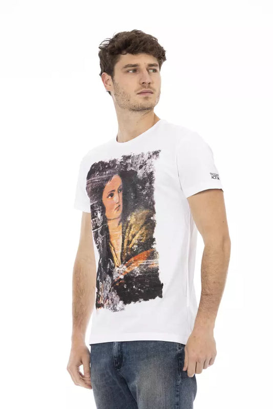 A mannequin wearing a white cotton t-shirt with an action print on the front