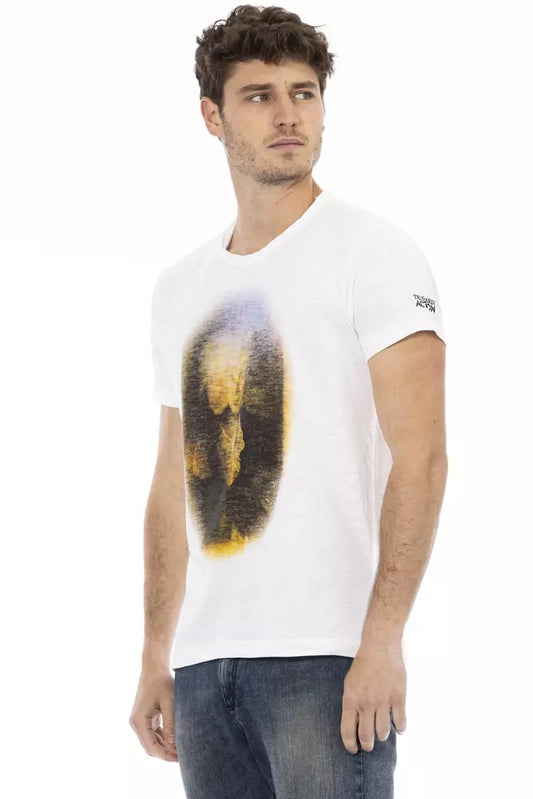 Man wearing white t-shirt with graphic design on front