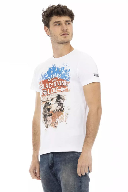 Man wearing white t-shirt with graphic design