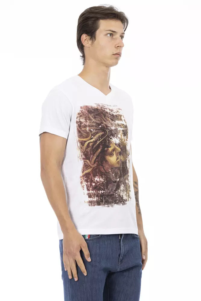 Man wearing white t-shirt with graphic design on front