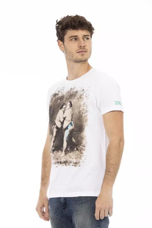 A mannequin wearing a white cotton men's t-shirt with an action graphic on the front