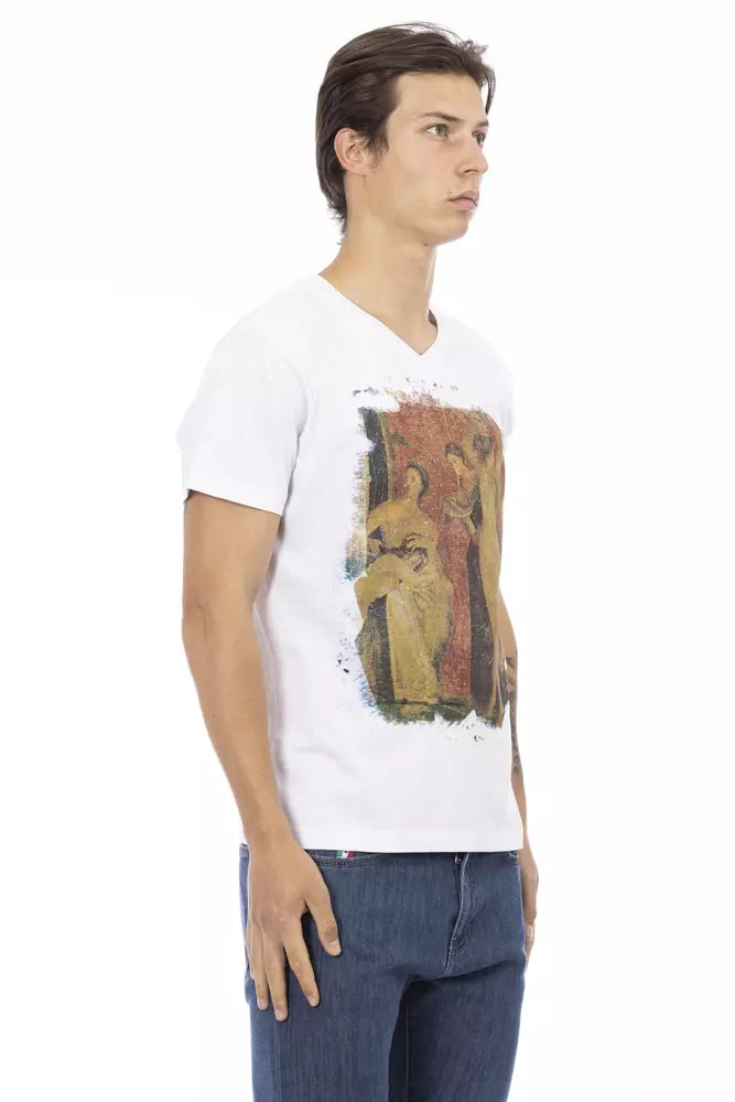 Man wearing white t-shirt with artwork on front