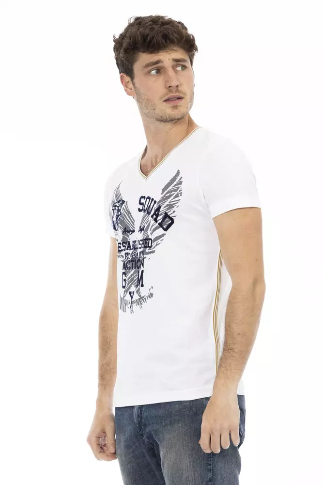 A white cotton men's t-shirt with a graphic design on the front