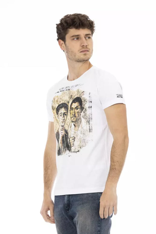 Man wearing white t-shirt with graphic print