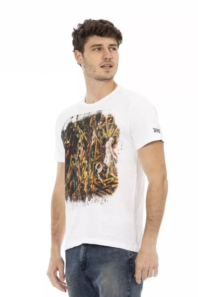 A mannequin wearing a white cotton men's t-shirt with a graphic print on the front