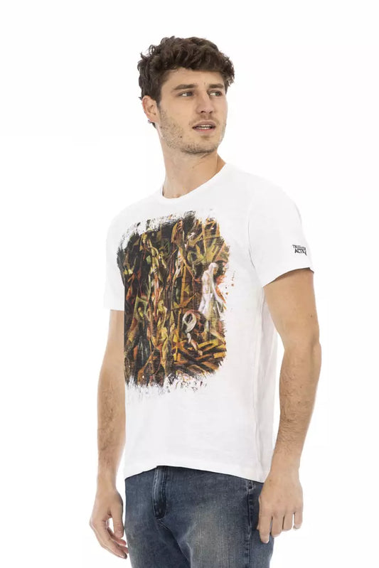 A mannequin wearing a white cotton men's t-shirt with a graphic print on the front