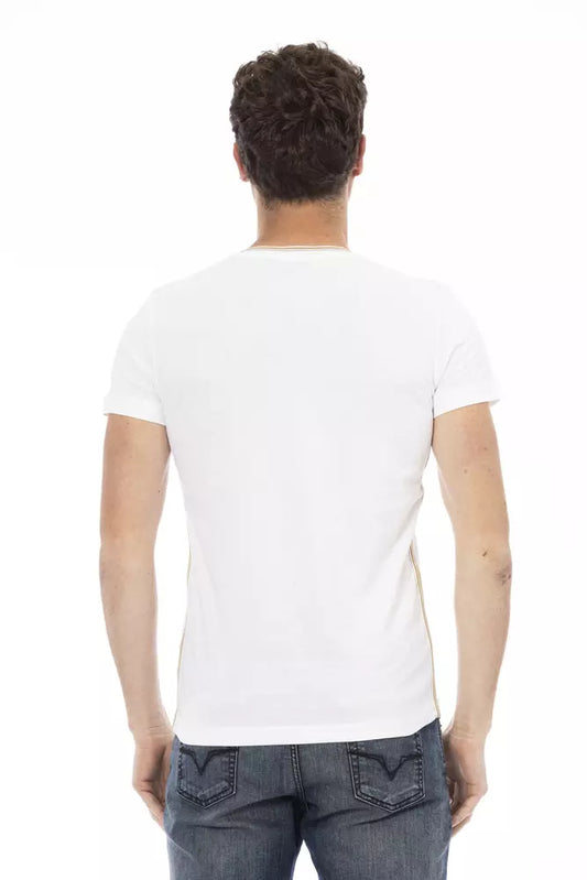 A white cotton men's t-shirt with short sleeves and a crew neckline