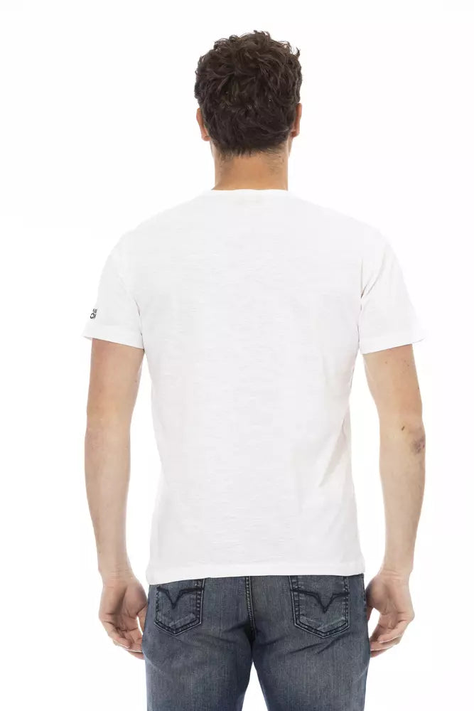 A white cotton men's t-shirt with a logo on the back