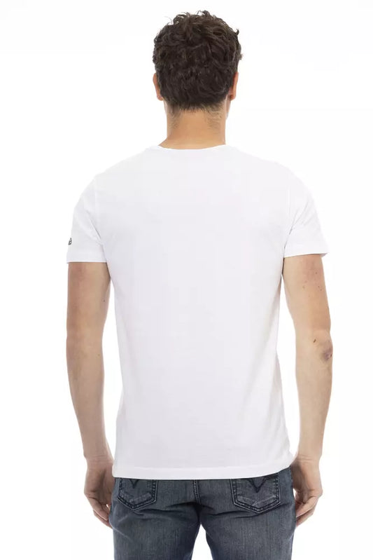 A white cotton men's t-shirt with short sleeves and a crew neckline