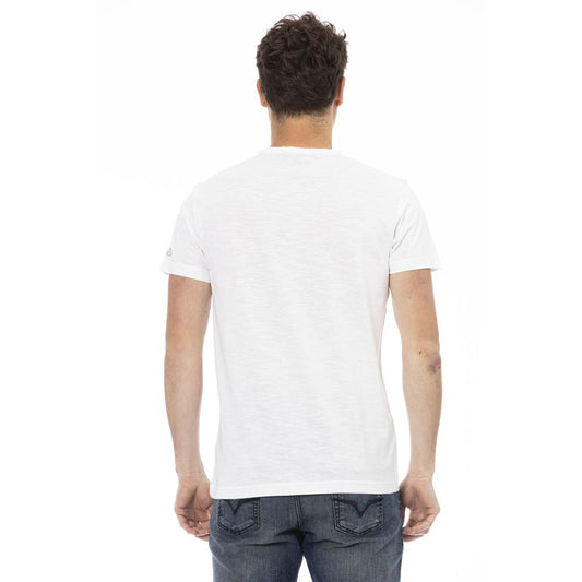 Man wearing white t-shirt and blue jeans