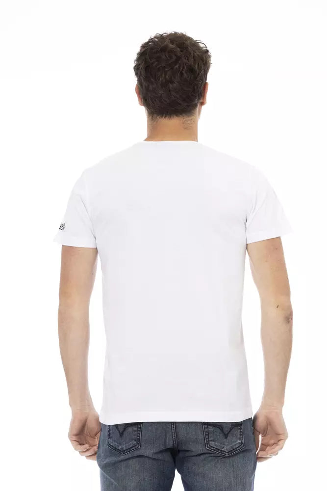A white cotton men's t-shirt with short sleeves and a crew neckline