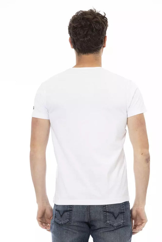 Man wearing white t-shirt and blue jeans