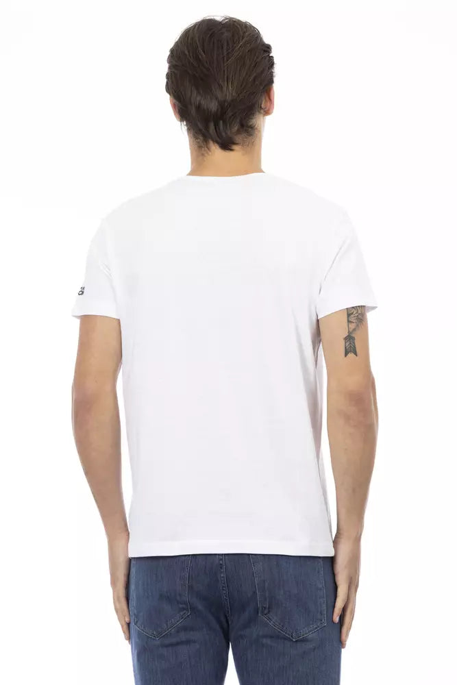 Man wearing white t-shirt and blue jeans