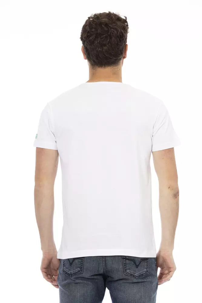 A white cotton men's t-shirt with a crew neck and short sleeves