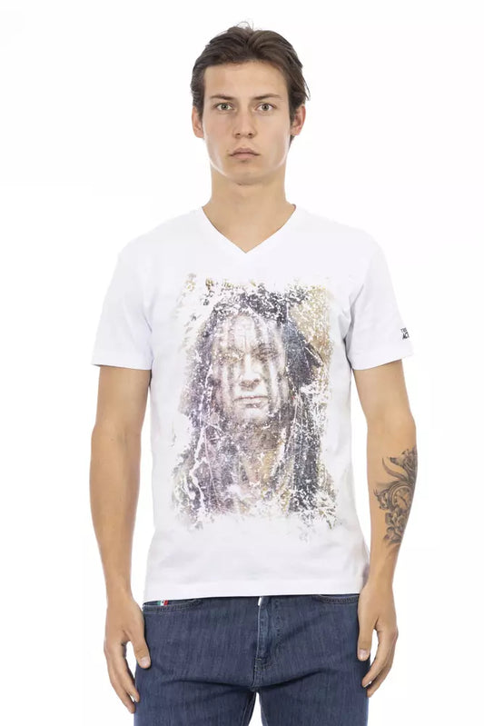 Man wearing white t-shirt with graphic design