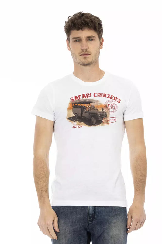 White t-shirt with graphic design on front