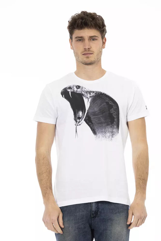 Man wearing white t-shirt with graphic design on front