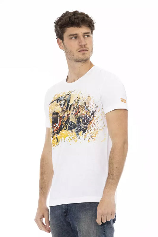 A white cotton men's t-shirt with a graphic print on the front