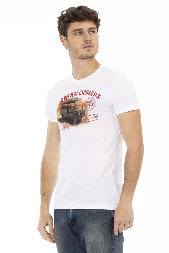 Man wearing white t-shirt with graphic design on front