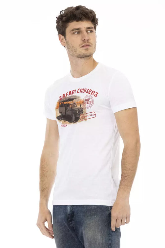 Man wearing white t-shirt with graphic design on front