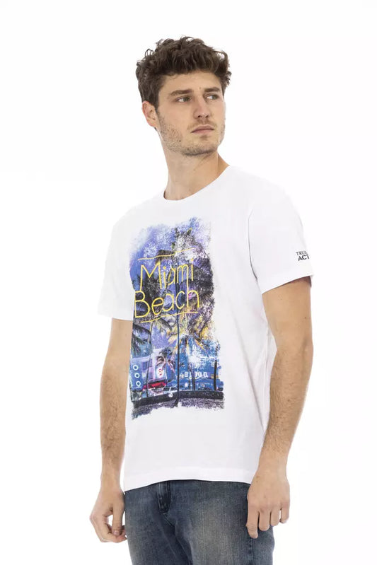 Man wearing white t-shirt with graphic design on front