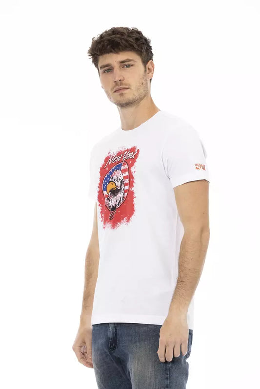 A white cotton men's t-shirt with a graphic print on the front, featuring a red and black design