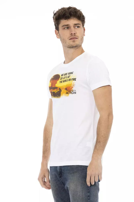 A man wearing a white t-shirt with graphic print on it