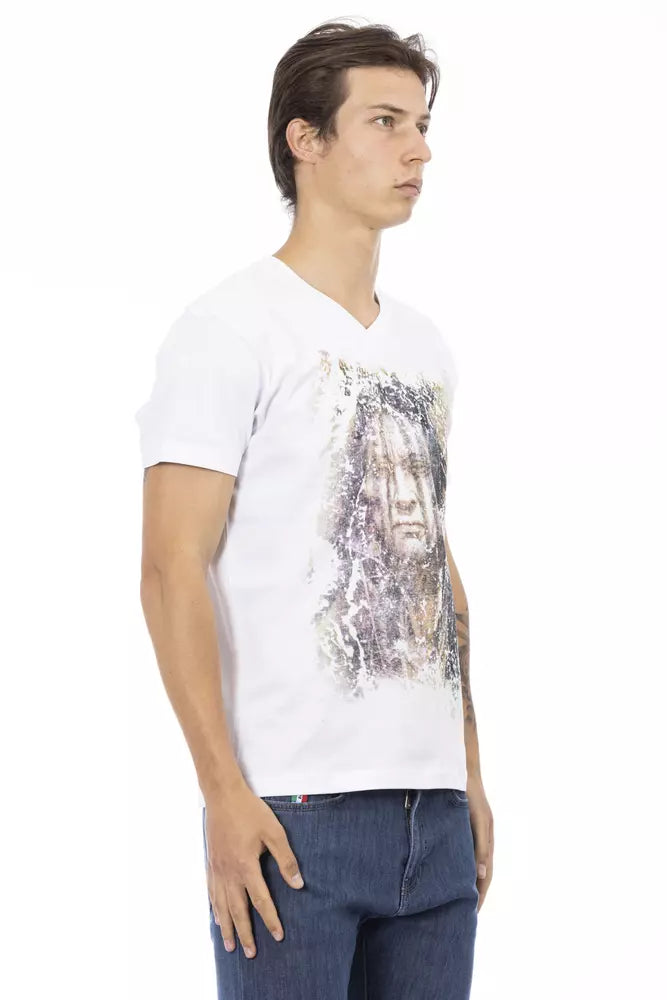 Man wearing white t-shirt with graphic design on front