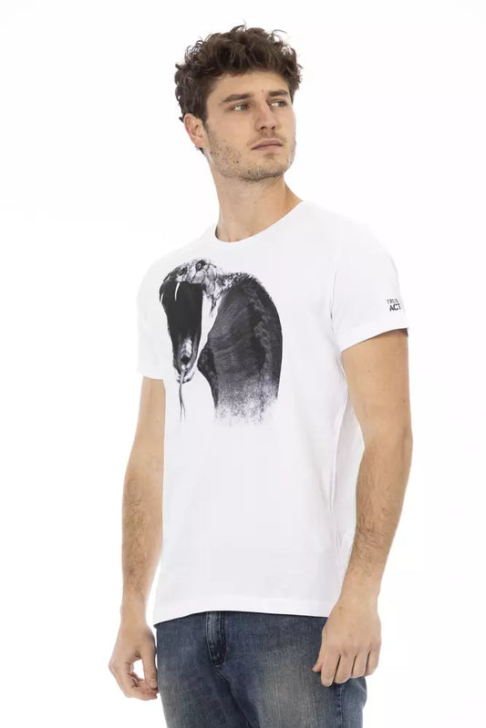 Man wearing white t-shirt with graphic print