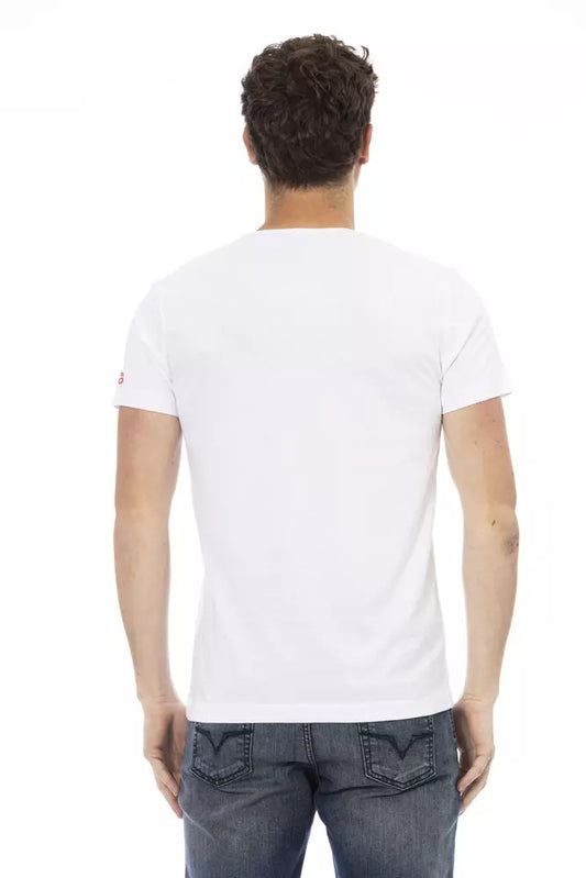 A mannequin wearing a white cotton men's t-shirt with short sleeves and a round neckline