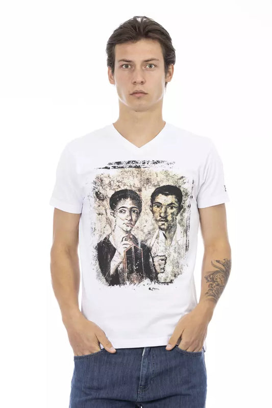 Man wearing white t-shirt with graphic design