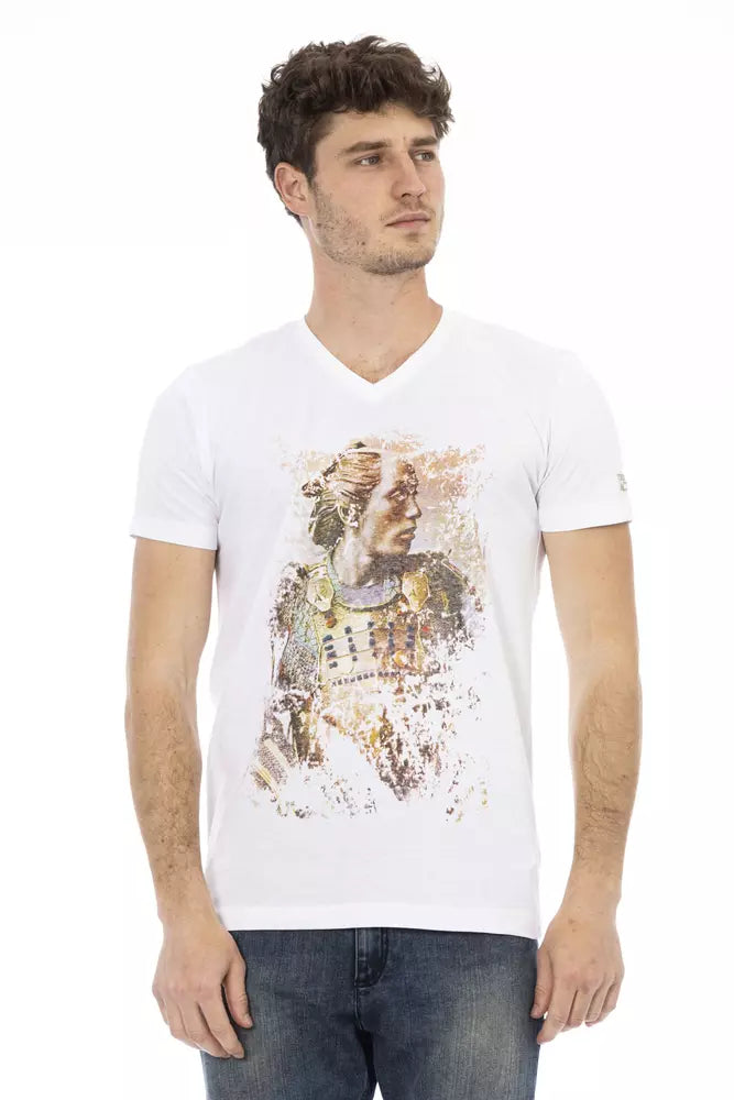 White t-shirt with colorful graphic print