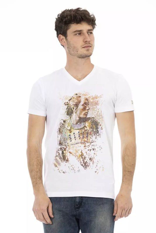 White t-shirt with colorful graphic print