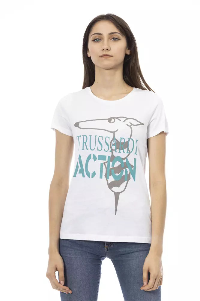White t-shirt with graphic design on front