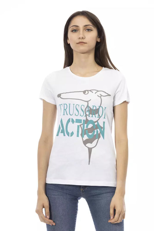 White t-shirt with graphic design on front
