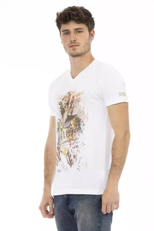 Man wearing white t-shirt with graphic design
