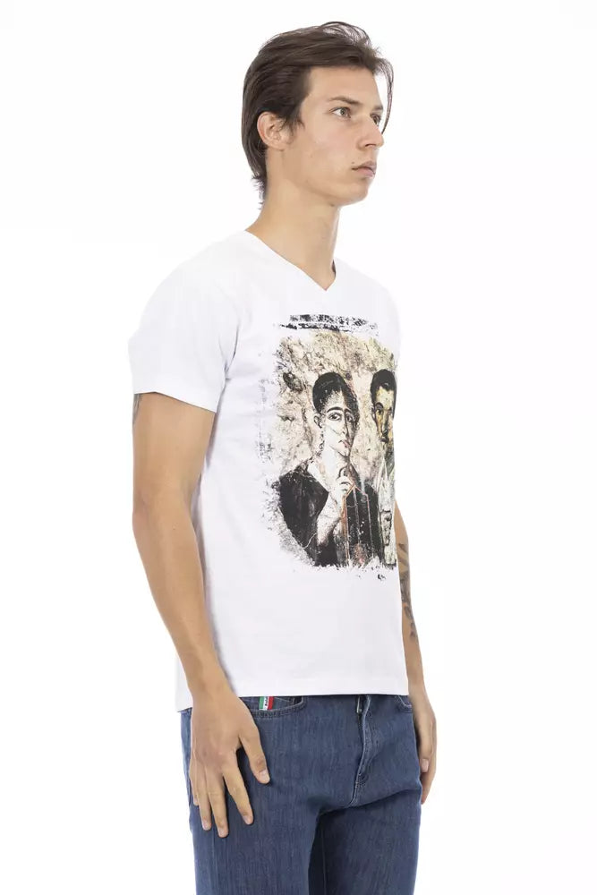 Man wearing white t-shirt with graphic design on front