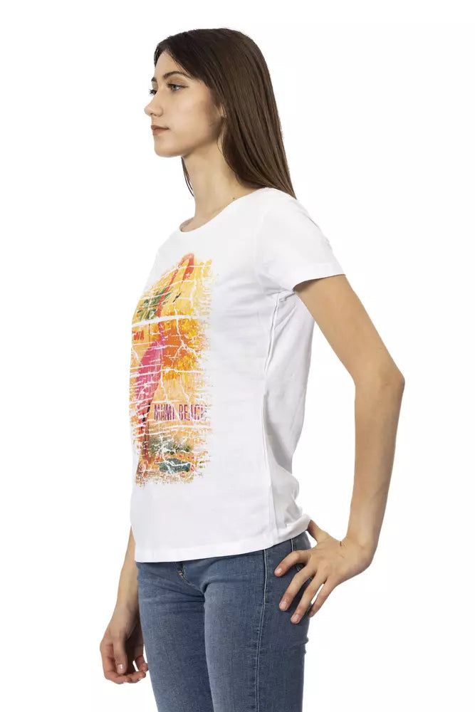 White t-shirt with colorful graphic design on front