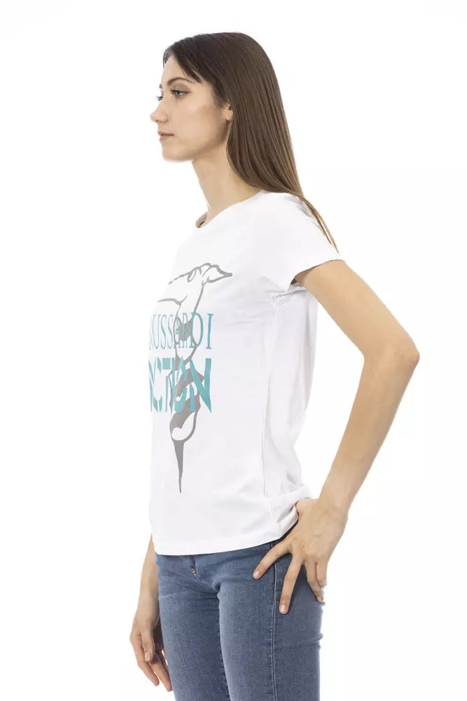 White t-shirt with graphic design on front