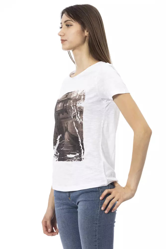A woman wearing a white cotton t-shirt with a graphic print on the front