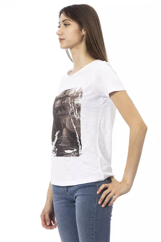 A woman wearing a white cotton t-shirt with a graphic print on the front