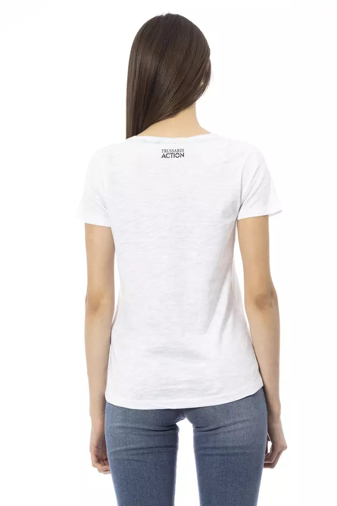A white cotton t-shirt with a logo on the back
